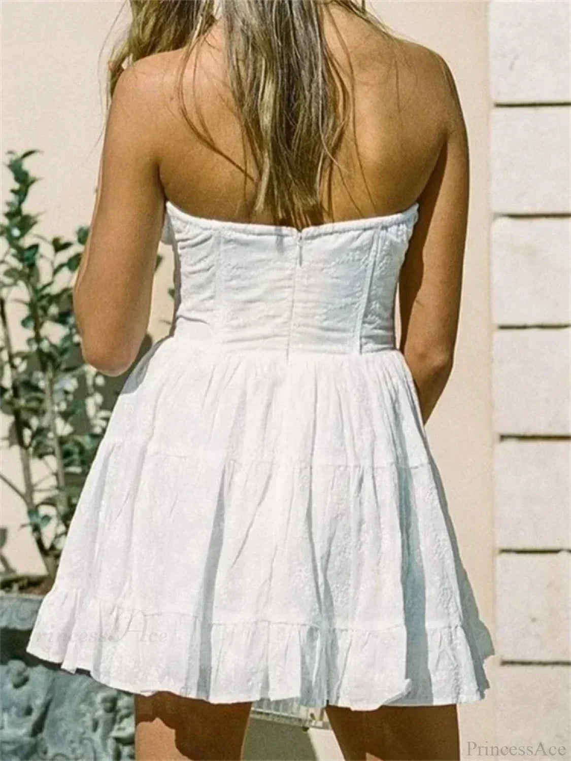 Strapless Eyelet Embroidery Button Front Tiered Ruffle Mini Dress