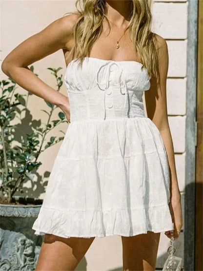 Strapless Eyelet Embroidery Button Front Tiered Ruffle Mini Dress