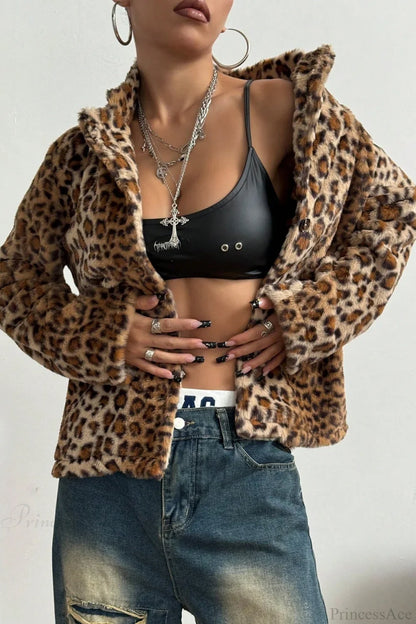 Buttoned Turn-Down Collar Thickened Leopard Coat
