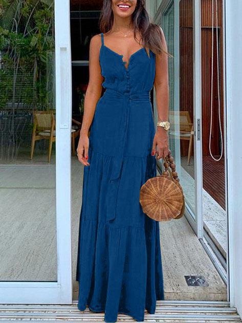 Spaghetti Strap V-Neck Button Front Tie Waist Tiered Maxi Dress