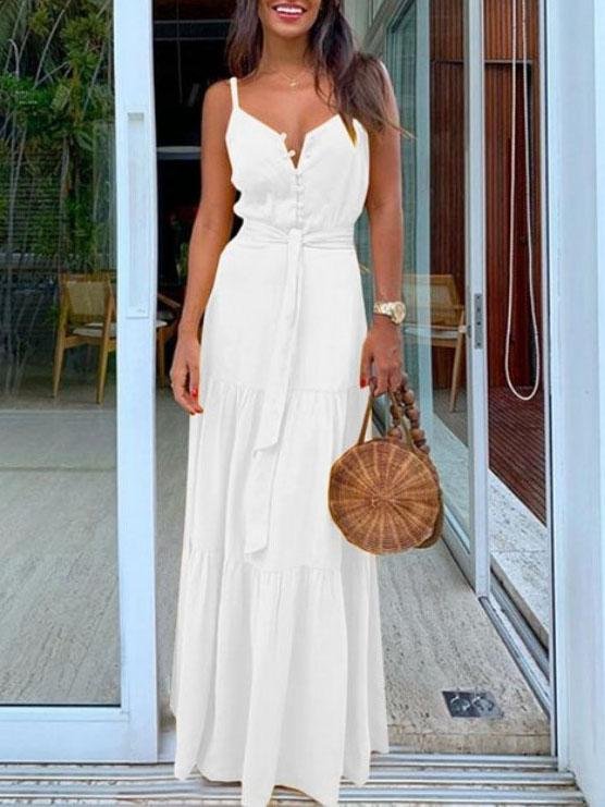 Spaghetti Strap V-Neck Button Front Tie Waist Tiered Maxi Dress