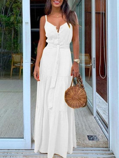 Spaghetti Strap V-Neck Button Front Tie Waist Tiered Maxi Dress