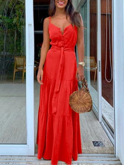 Spaghetti Strap V-Neck Button Front Tie Waist Tiered Maxi Dress