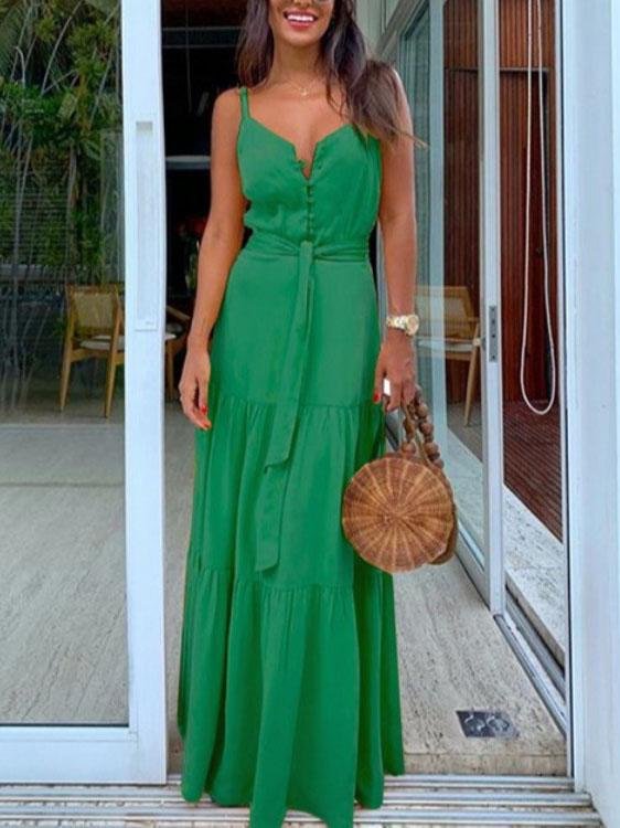Spaghetti Strap V-Neck Button Front Tie Waist Tiered Maxi Dress