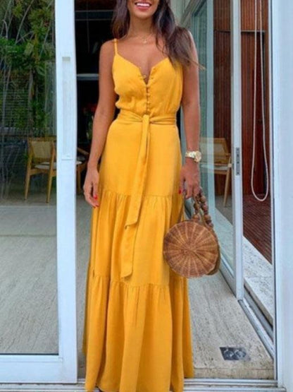 Spaghetti Strap V-Neck Button Front Tie Waist Tiered Maxi Dress