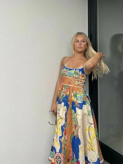 Tied Spaghetti Strap Nautical Floral Print Dress