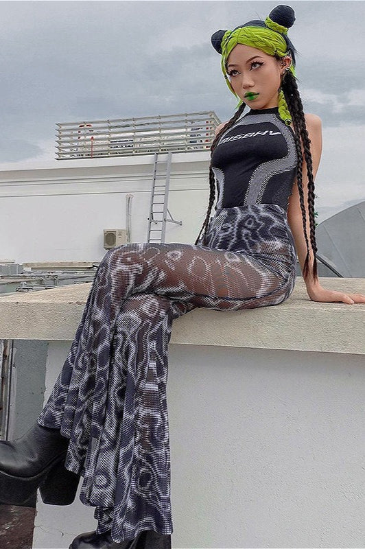 Floral High Waist Mesh Flare Pants