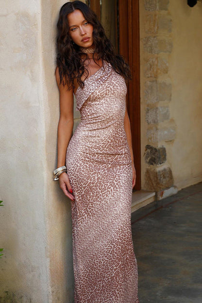 Asymmetrical Leopard Halter Slim Maxi Dress