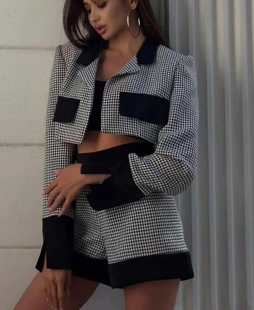 Black White Patchwork Crop Shorts Office Two Piece Set