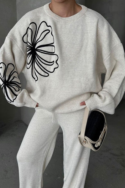 Casual Round Neck Knit Sweater with Pants Two Piece Pants Set