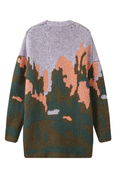 Landscape Pattern Long Sleeve V-neck Loose Knit Coat