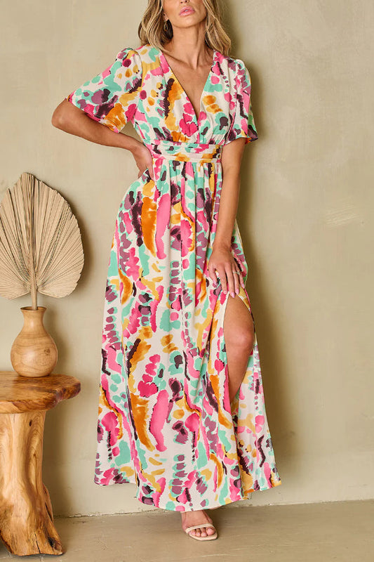 Boho Tie-dye Print V Neck Maxi Dress