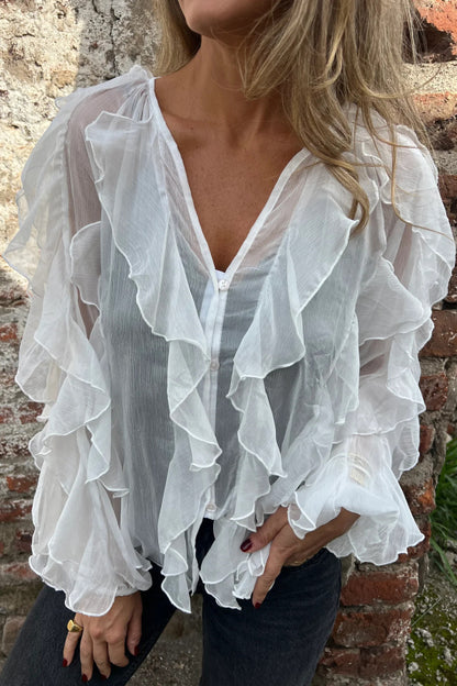 Solid Color Chiffon Ruffled V-neck Patchwork Top