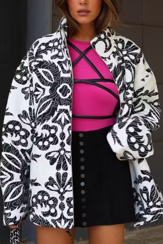 Loose Stand Collar Printed Casual Cotton Jacket