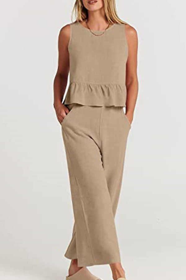 Sleeveless pleated vest wide-leg cropped pants casual suit