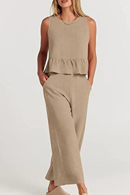 Sleeveless pleated vest wide-leg cropped pants casual suit