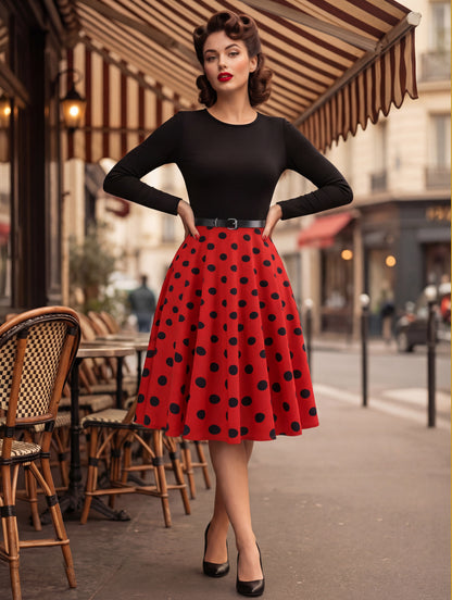 Vintage Polka Dot Swing Dress for Women - 1950s Rockabilly Long Sleeve Belted A-Line Midi Dress - Spring Retro Party 2026