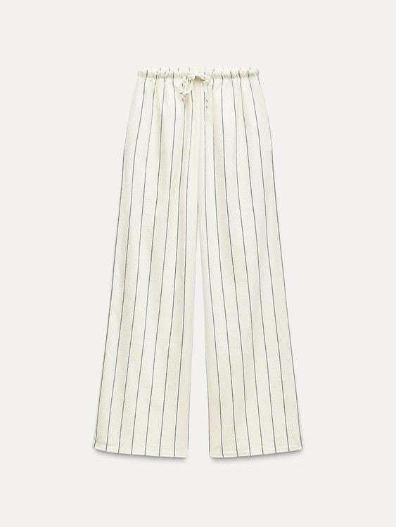 Striped Deep Cowl Neck Top & Wide Leg Pant Coord Set