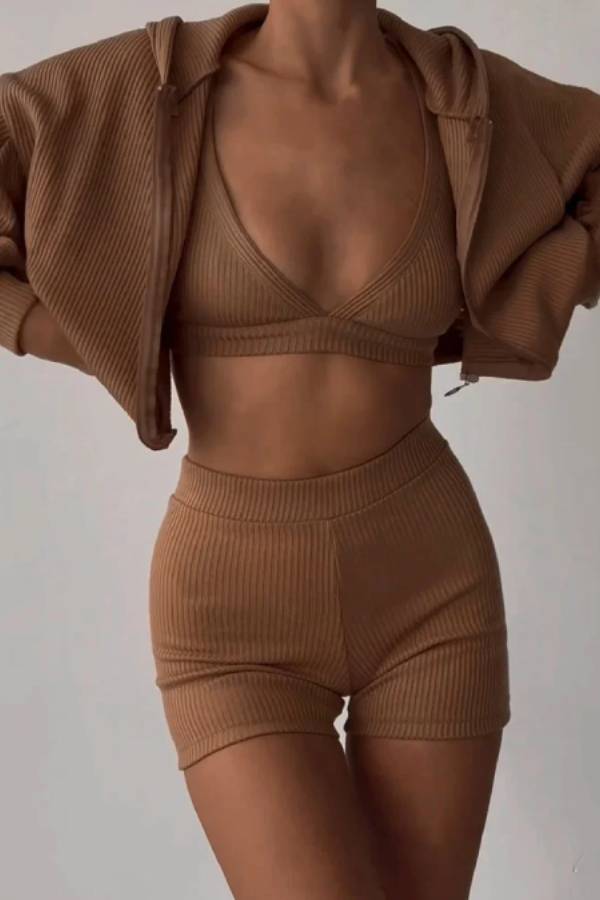 Daily Casual Zip-up Shirt and Shorts Three-piece Set