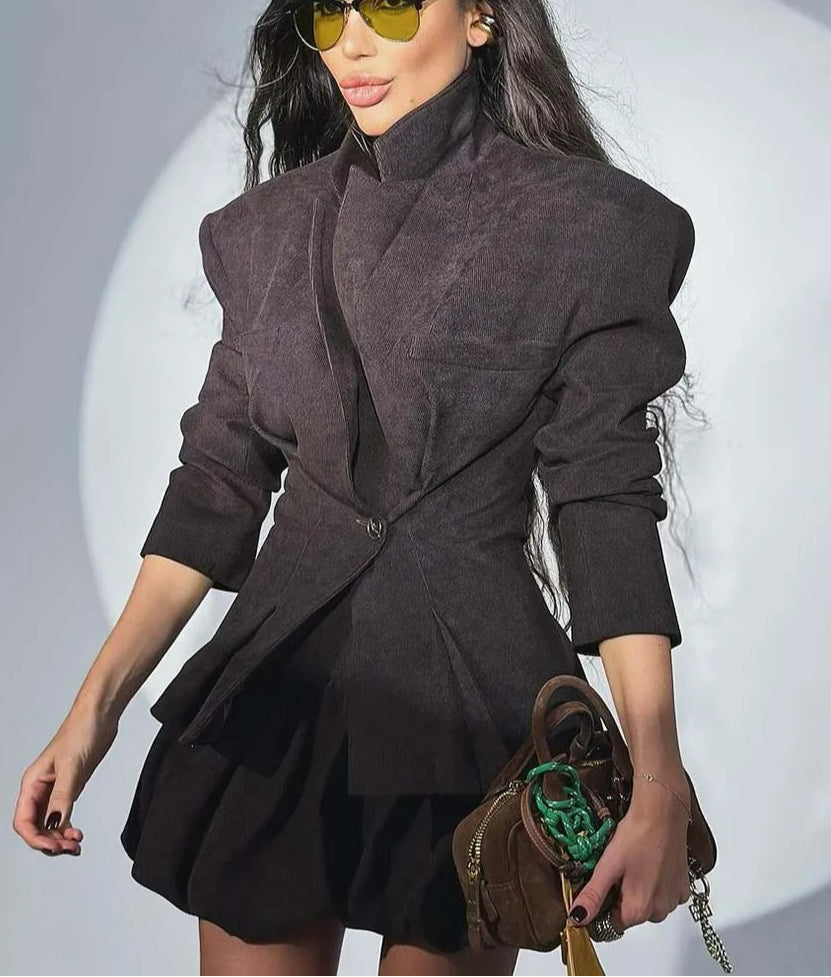 Black Pockets Single Button Pleated Office Two Piece Set