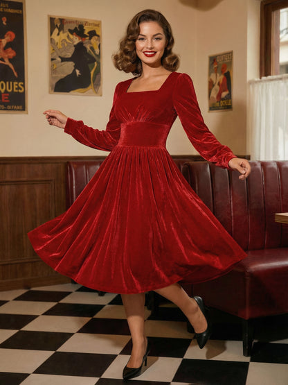 Vintage Glamour Dress 1950s Black Long Sleeves Square Neck Rockabilly Dress