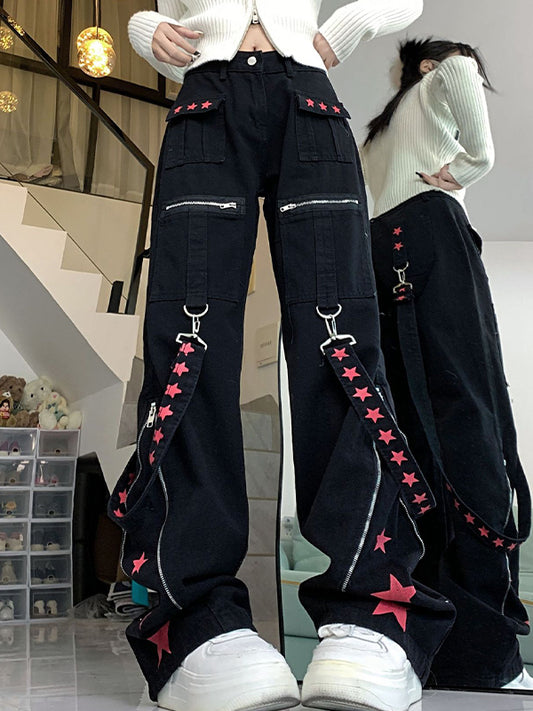 Contrast Color Ribbon Metal Decoration Cargo Jeans