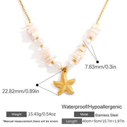 Stainless Steel Natural Stone Pearl Starfish Sun NeckLace