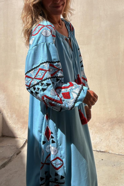 Blue V-neck Tie Ethnic Style Retro Print Long Skirt