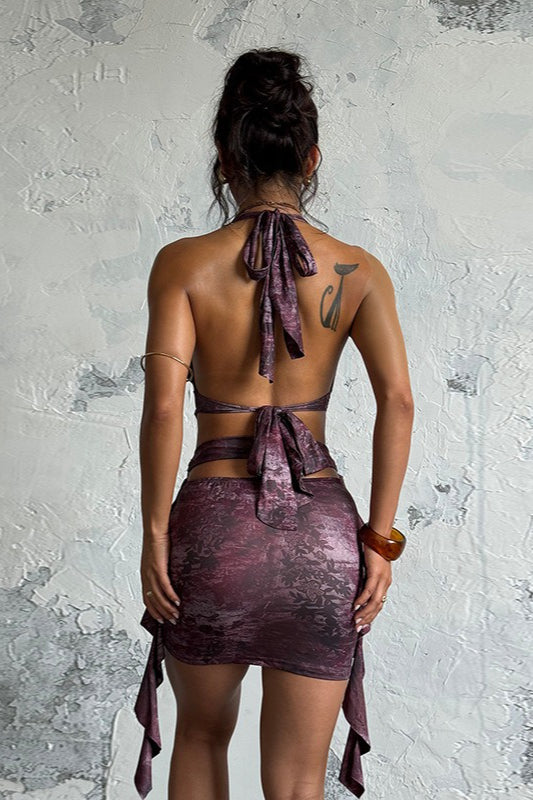 Abstract Marble Print Halter Neck Deep V-Neck Ring Detail Waist Cut Out Draped Panel Bodycon Mini Dress