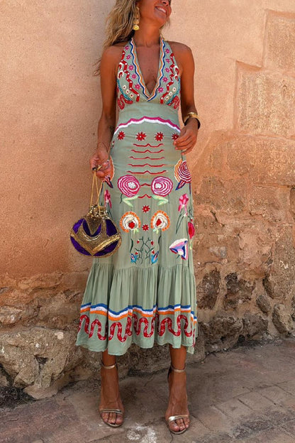 V-neck Casual Oil Painting Print Art Suspender Dress