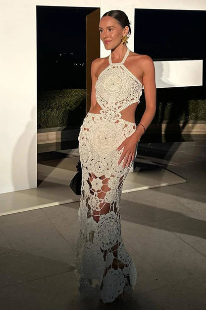 Crochet Halter Neck Waist Cut Out Floral Openwork Scalloped Hem Maxi Dress