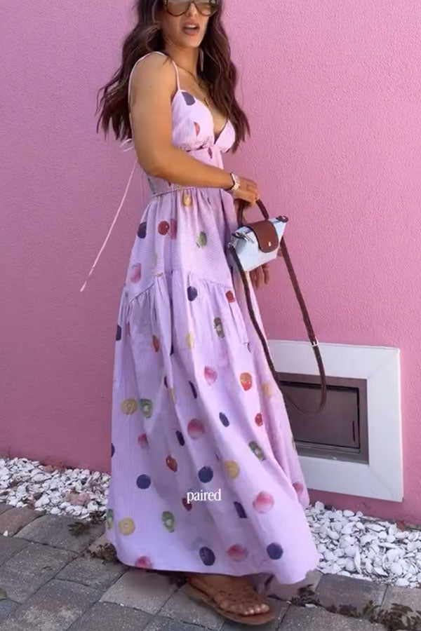Lovely Summer Unique Color-Block Fruit Stripe Print Smocked Waist Maxi Dress