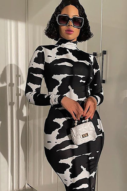 Floral Print High Neck Long Sleeve Bodycon Maxi Dress