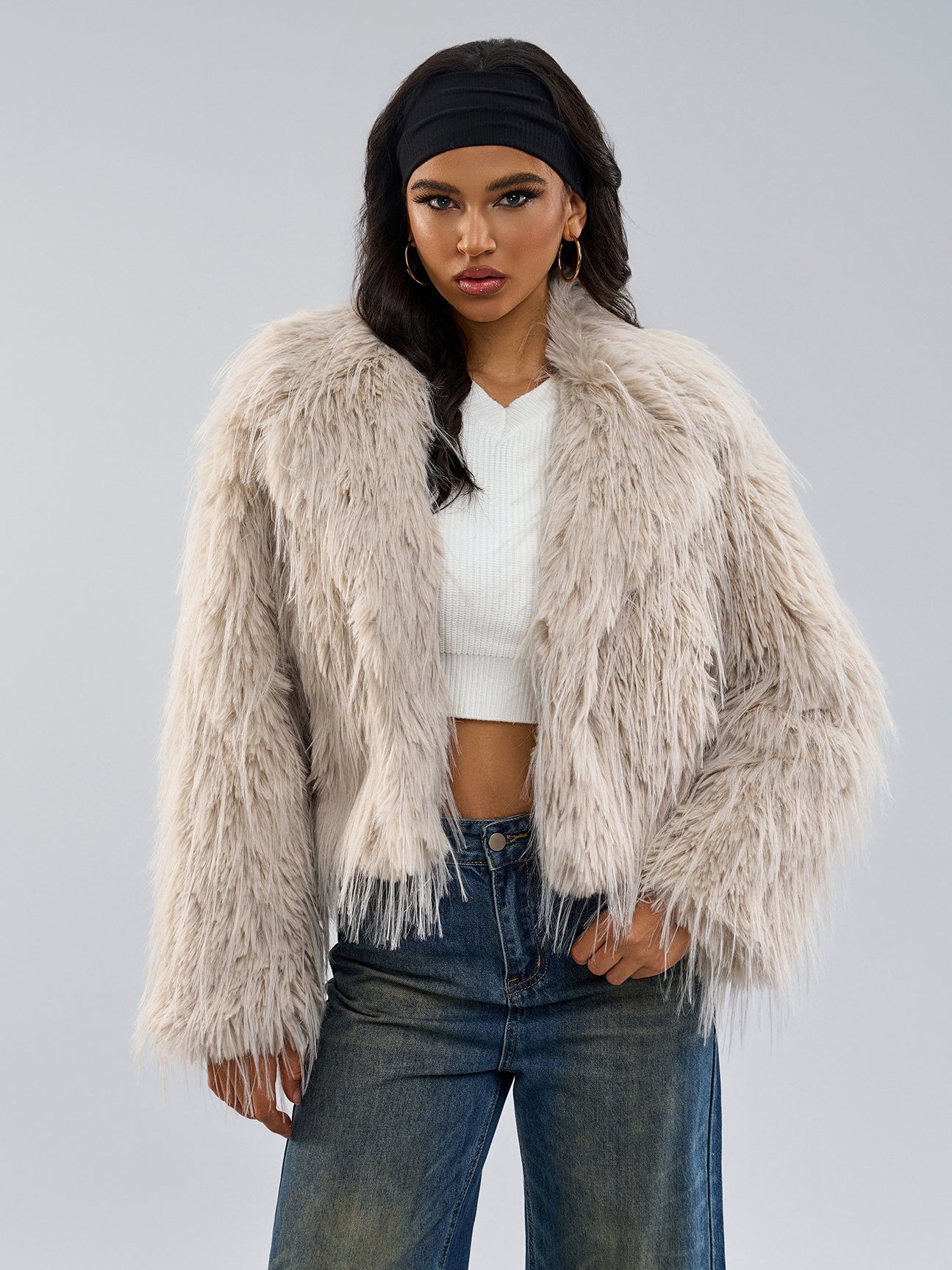 Faux Fur Coats Apricot Long Sleeves Faux Fur Jacket Winter Coat