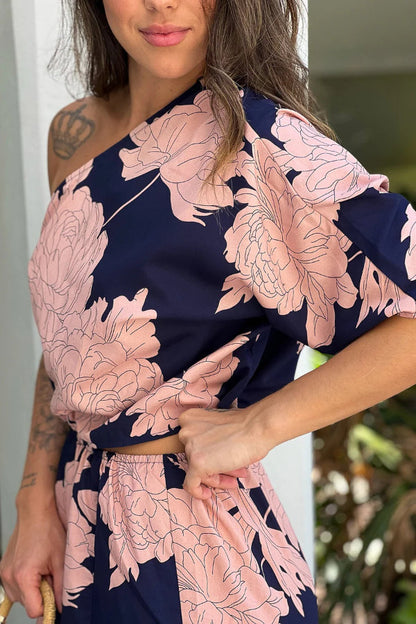 NAVY ONE SHOULDER MAXI DRESS WITH SLIT