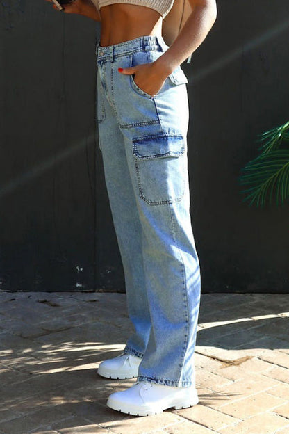 Washed denim multi-pocket non-stretch overalls