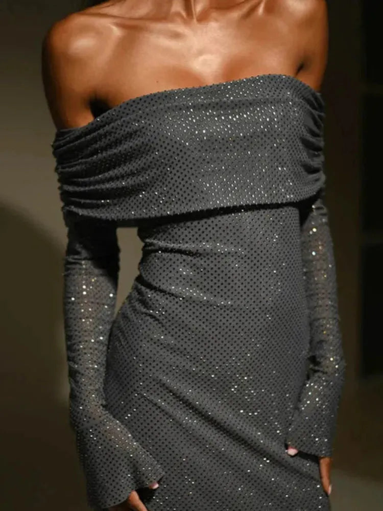 Off Shoulder Strapless Sparkle Backless Long Flare Maxi Dress