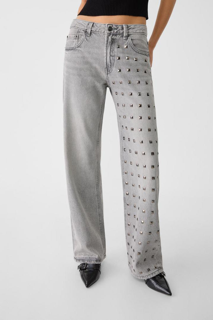 Metal Accent Trendy Wide Leg Jean