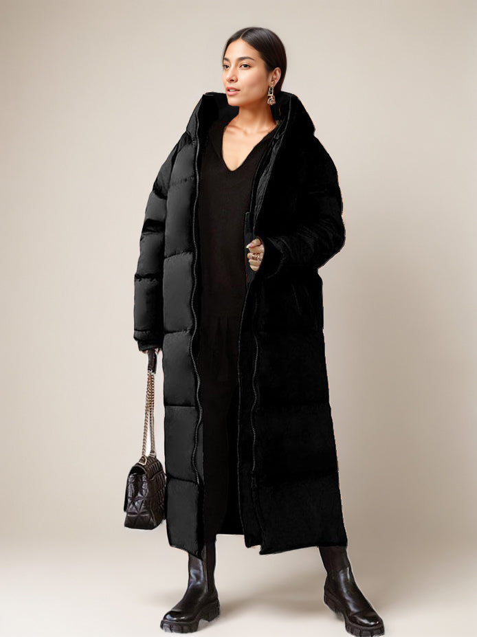 Long Puffer Coats Orange Hooded Winter Full Length Coat For Women