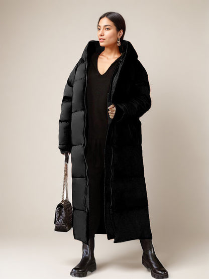 Long Puffer Coats Orange Hooded Winter Full Length Coat For Women