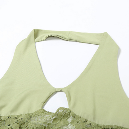 Halter lace hollow out ruched cut out maxi dress