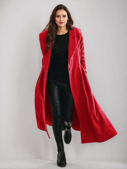 Woolen Flared Coat With Hood Vintage Belted A-line Winter Long Outerwear For Women 2026