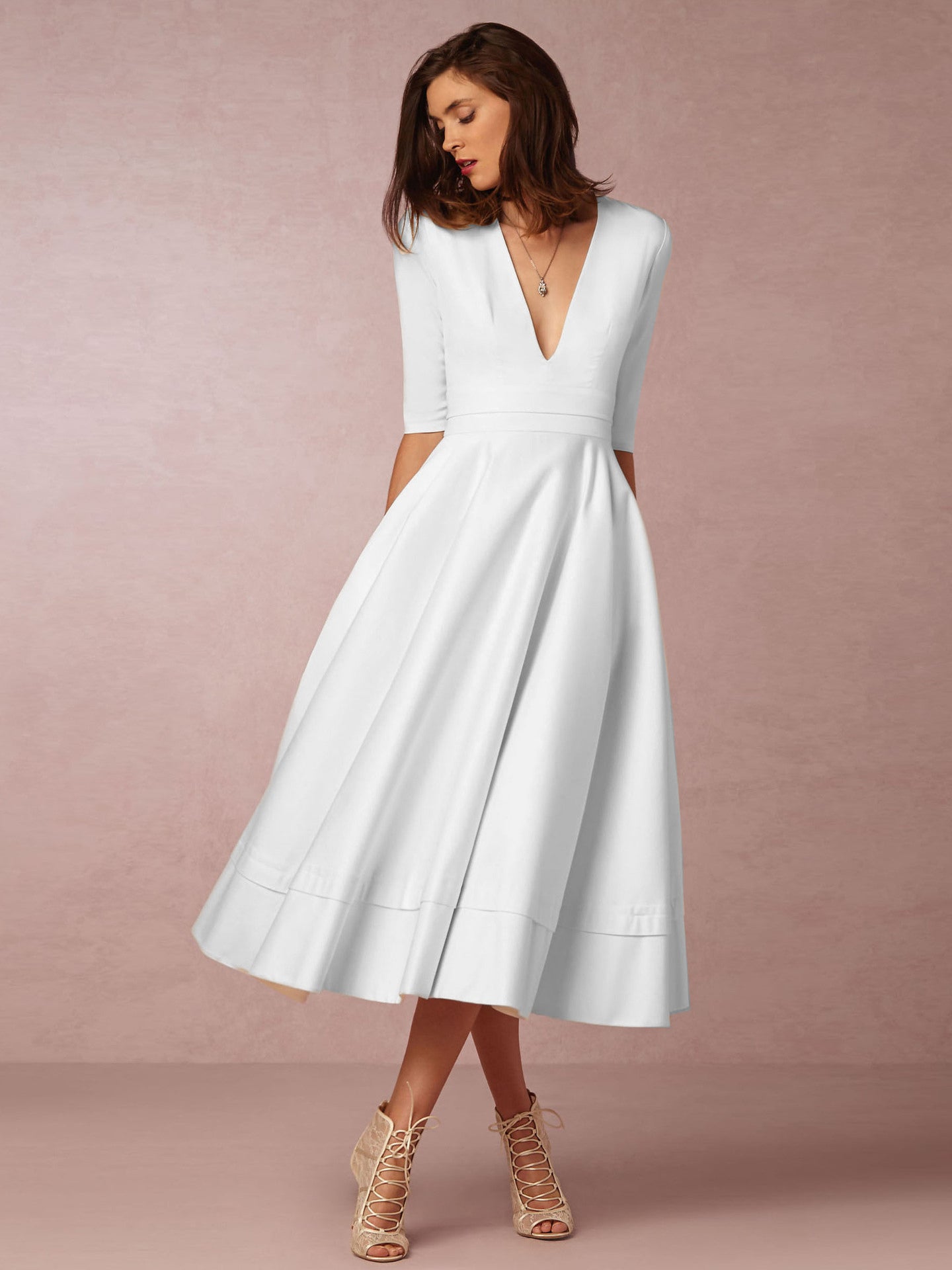 Plunge Midi Dress Half Sleeves Pockets A-Line Prom Dresses In Burgundy
