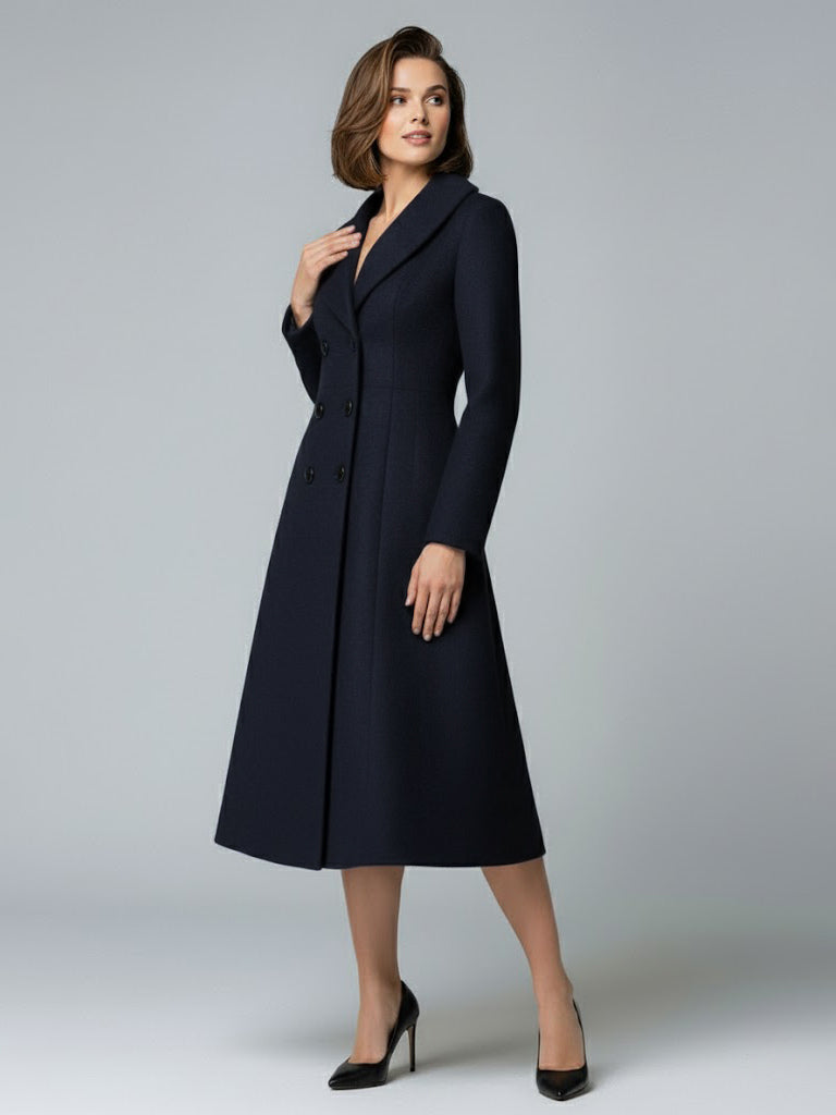 Woolen Double-Breasted A-line Midi Coat With Shawl Collar For Women 2026