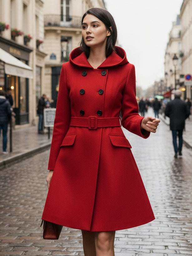 Hooded A-Line Midi Coat With Double-Breasted Design And Belt For Women 2026