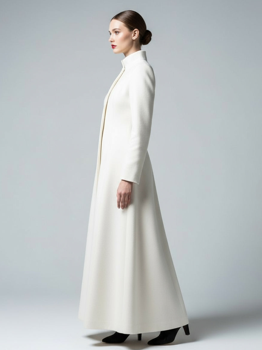 White Woolen Full-Length Coat With Stand Collar And A-Line Silhouette For Women 2026