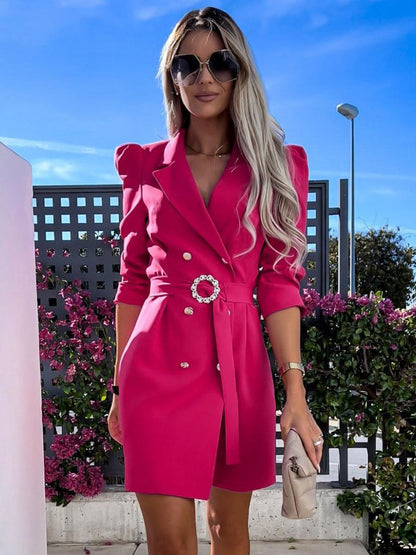Blazer Dress White Belt Double Breasted Solid Color Slim Fit Casual Stylish Spring Fall Outerwear For Women