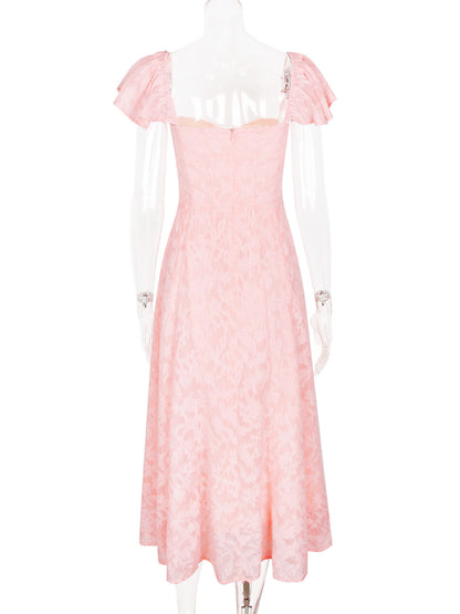 Floral Jacquard Soft Pink Dress With Butterfly Sleeve A-line Midi Party Dress For Women 2026