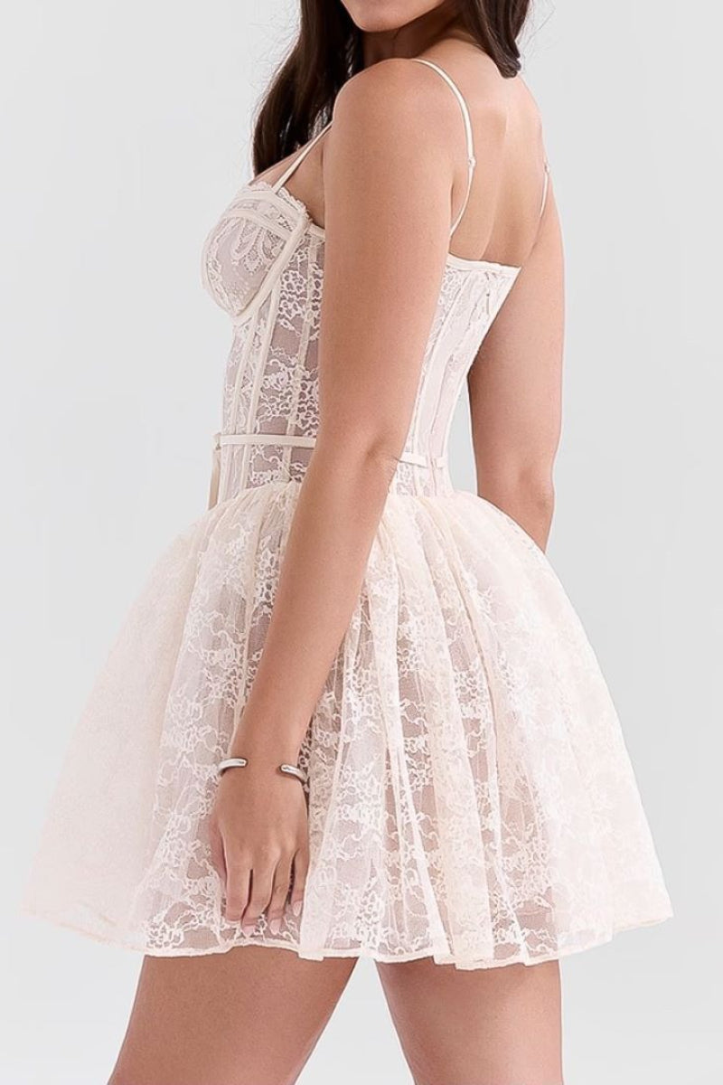 Lace Corset Bustier Sweetheart Spaghetti Strap Tiered Ruffle Mini Dress