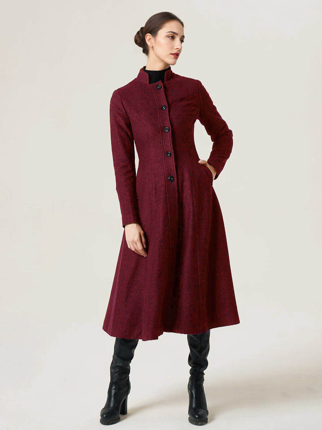 Woolen Flared Coat For Woman Stand Collar A-line Elegant Dark Navy Winter Midi Outerwear 2026